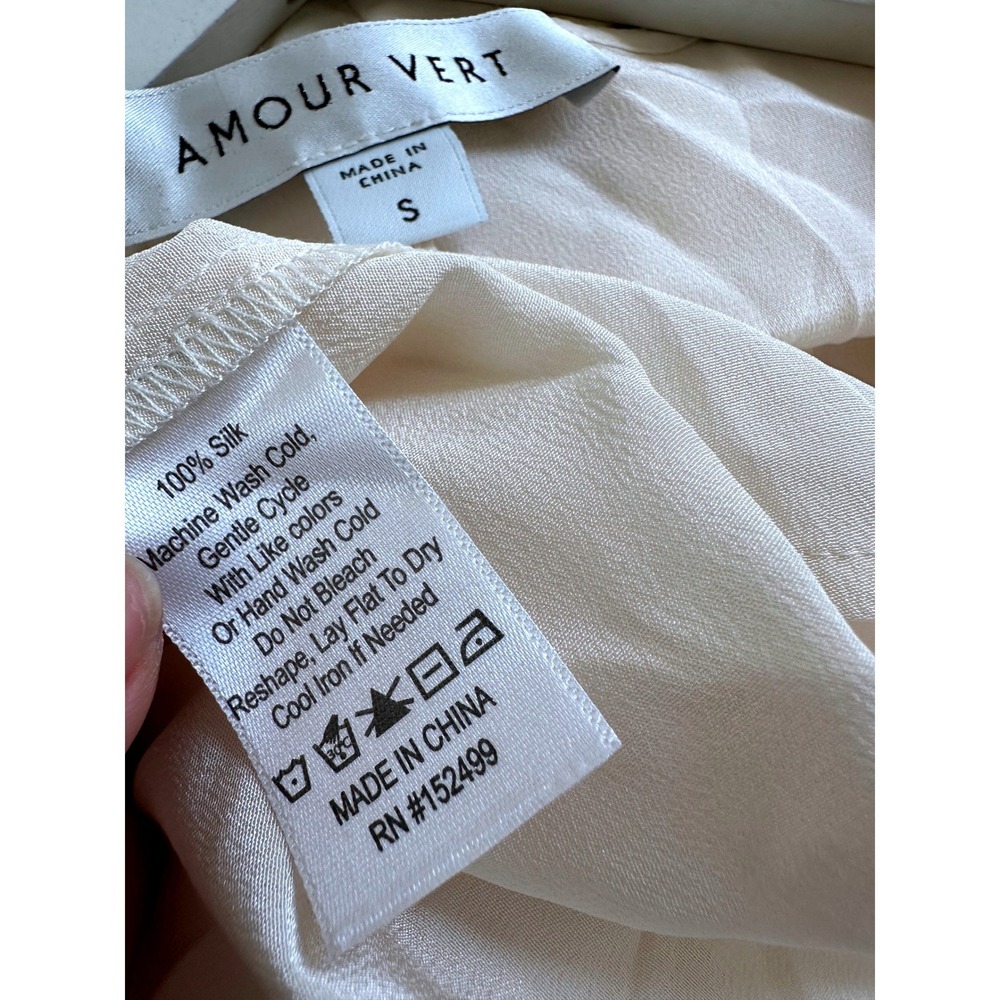 Amour Vert Silk Ruched V-Neck Midi Dress Cream Ivory Puff Sleeve Front Slit S - Picture 5 of 7